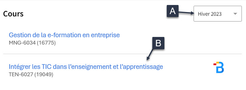 Une vue des titres de cours dans le tableau de bord monPortail