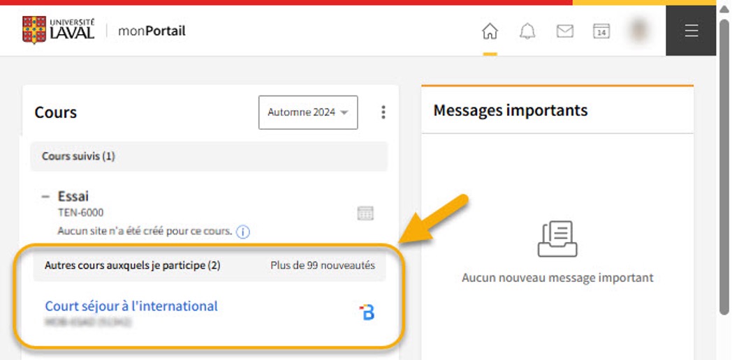Section «Autres cours auxquels je participe» dans monPortail
