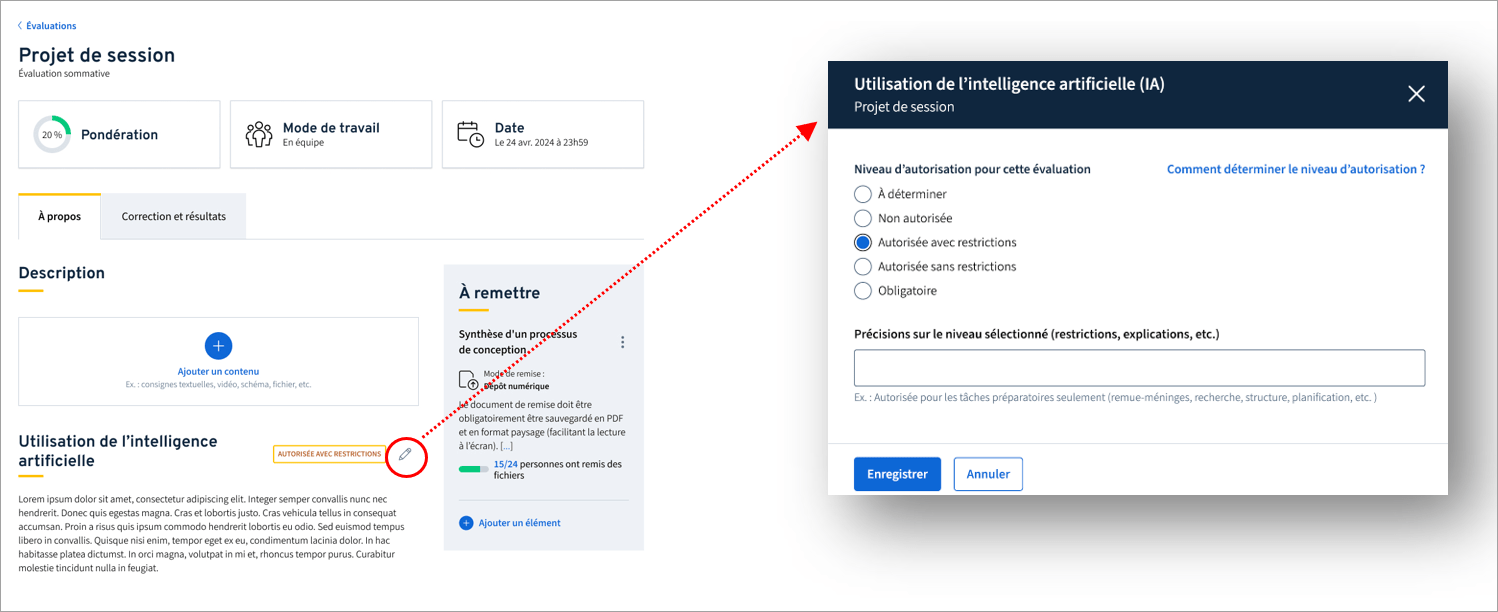 Interface du projet d'évaluation, dans la section sur l'utilisation de l'intelligence artificielle. Cliquez sur le petit crayon permet d'ouvrir une fenêtre dans laquelle il est possible de sélectionner le niveau d'autorisation souhaité et d'ajouter des précisions.